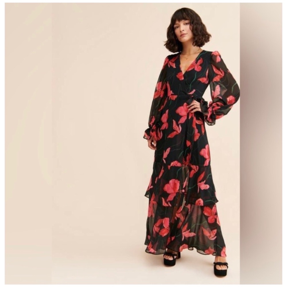 BHLDN Hutch Floral Maxi Dress Black Red Wrap Long Sleeve Formal Wedding Guest